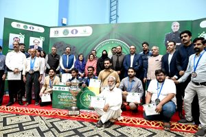 Federal Minister for Parliamentary Affairs, Dr. Tariq Fazal Chaudhry addresses the closing ceremony & prize distribution of the 34th National Men's & 10th National Women's Chess Championship 2026 at Rodham Hall, Pakistan Sports Complex.