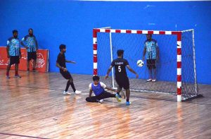 A view of a Futsal match played between Islamabad Red and Sindh teams during 1st Micro Futsal National Championship 2026 at Multipurpose Sports Complex GC University Faisalabad (GCUF).