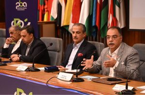 Chairman of Pakistan Banks Association (PBA) Zafar Masud along with Chairman of Pakistan Banking Summit Atif Bajwa addressing a press conference about upcoming 2nd Pakistan Banking Summit 2026 at Islamic Chambers of Commerce and Development