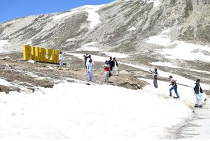 Tourists visit and enjoy the scenic beauty of Burzil Top (Burzil Pass), a historic mountain pass at an elevation of 13,808 feet in the Himalayas. The pass connects Astore Valley with the picturesque Minimarg and Domel regions and, before the partition of the subcontinent, served as a major caravan route linking Srinagar with Gilgit and Skardu