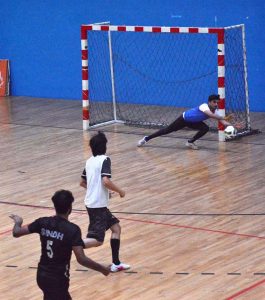 A view of a Futsal match played between Islamabad Red and Sindh teams during 1st Micro Futsal National Championship 2026 at Multipurpose Sports Complex GC University Faisalabad (GCUF).