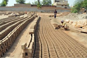 Workers are engaged in preparing and arranging freshly moulded clay bricks for sun drying at a brick kiln on the outskirts of the city