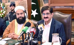 Sindh Chief Minister Syed Murad Ali Shah and National Paigham-e- Aman Committee Coordinator Hafiz Muhammad Tahir Mahmood Ashrafi addressing a press conference at CM House.