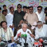 Federal Minister for Investment Board Qaiser Ahmad Sheikh addresses participants during a free medical camp organized under the supervision of Islamia Hospital at chak # 146 Bhokri