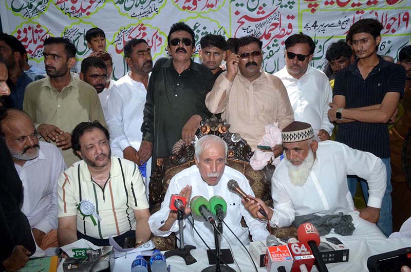 Federal Minister for Investment Board Qaiser Ahmad Sheikh addresses participants during a free medical camp organized under the supervision of Islamia Hospital at chak # 146 Bhokri
