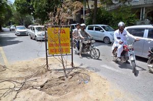 A board placed at the site of under-construction water supply work in G-10 is causing traffic disruptions and requires immediate attention from the concerned authorities.