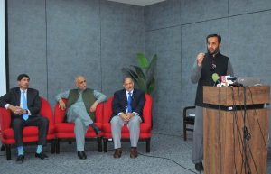 Federal Minister for National Health Services, Regulations and Coordination Syed Mustafa Kamal unveils the inauguration plaque of the School of Nursing and Allied Health Sciences at the Multan University of Science and Technology during a ceremony in the city.