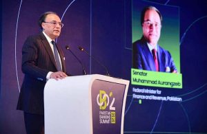 Federal Minister for Finance and Revenue Senator Muhammad Aurangzeb addressing during the Pakistan Banking Summit 2026 at local hotel.