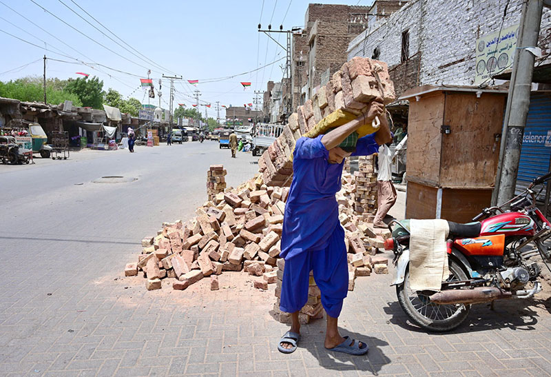 A laborer carries a heavy bundle of bricks on his back during the urban development despite the sweltering summer heat at a construction site in Sarfaraz Colony