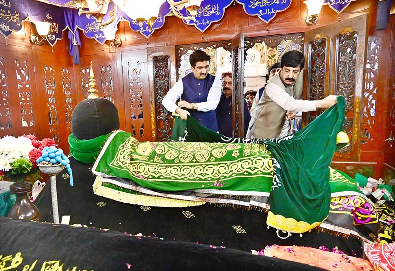 Governor Punjab Sardar Saleem Hyder Khan and Sindh Minister for Culture and Tourism Syed Zulfiqar Ali Shah lay a wreath at the grave of Hazrat Shah Abdul Latif Bhittai during the 283rd Urs celebrations