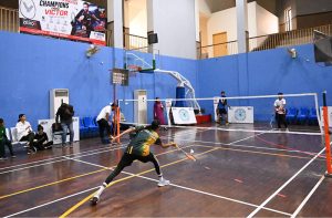 Player in action during inter District Badminton Championship organized by Divisional Sports Department.