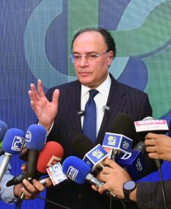 Federal Minister for Finance and Revenue Senator Muhammad Aurangzeb addressing during the Pakistan Banking Summit 2026 at local hotel.