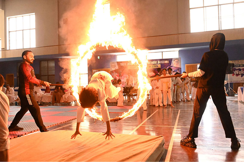 Players of The Karate Academy, University of Sargodha, demonstrate their martial arts skills during a belt promotion ceremony organized in collaboration with the District Sports Department