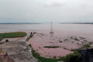 A view of the River Chenab as floodwater spreads across the river channel and inundates the adjoining banks following a rise in the water level.