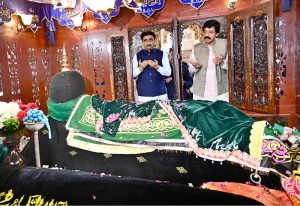 Governor Punjab Sardar Saleem Hyder Khan and Sindh Minister for Culture and Tourism Syed Zulfiqar Ali Shah lay a wreath at the grave of Hazrat Shah Abdul Latif Bhittai during the 283rd Urs celebrations