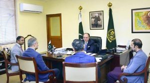 Federal Minister for Finance and Revenue, Senator Muhammad Aurangzeb, holding a meeting with Pakistan's newly appointed High Commissioner to the United Kingdom, Tipu Usman, to discuss Pakistan-UK economic and financial cooperation.