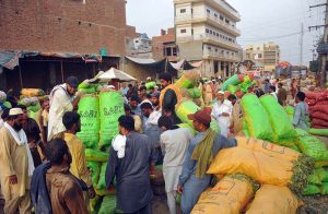 Traders are participating in the auction of sacks of freshly harvested potatoes at the wholesale vegetable market in the city.