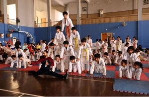 Players of The Karate Academy, University of Sargodha, demonstrate their martial arts skills during a belt promotion ceremony organized in collaboration with the District Sports Department