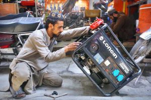 A vendor displaying power generators to attract the customers at Shoba Bazaar.
