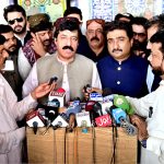 Governor Punjab Sardar Saleem Hyder Khan addresses media representatives at the shrine of Hazrat Shah Abdul Latif Bhittai during the 283rd Urs celebrations