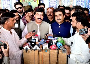 Governor Punjab Sardar Saleem Hyder Khan addresses media representatives at the shrine of Hazrat Shah Abdul Latif Bhittai during the 283rd Urs celebrations