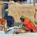 A rural woman prepares the evening meal over a traditional wood-fired stove outside her mud house in a village on the outskirts of the city