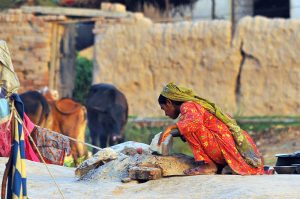 A rural woman prepares the evening meal over a traditional wood-fired stove outside her mud house in a village on the outskirts of the city