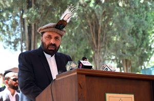 Chief Minister Gilgit-Baltistan, Advocate Amjad Hussain addressing during a ceremony.