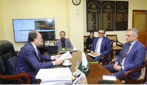 Federal Minister for Finance and Revenue, Senator Muhammad Aurangzeb, holding a meeting with Pakistan's newly appointed High Commissioner to the United Kingdom, Tipu Usman, to discuss Pakistan-UK economic and financial cooperation.