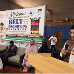 Chairman Education Board Sargodha, Abbas Haider Gondal addresses the belt promotion ceremony of players of The Karate Academy, University of Sargodha, organized in collaboration with the District Sports Department