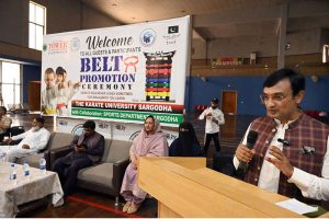 Chairman Education Board Sargodha, Abbas Haider Gondal addresses the belt promotion ceremony of players of The Karate Academy, University of Sargodha, organized in collaboration with the District Sports Department