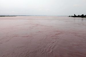 A view of the River Chenab as floodwater spreads across the river channel and inundates the adjoining banks following a rise in the water level.