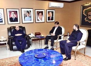 President Asif Ali Zardari in a meeting with Chief Minister Sindh Syed Murad Ali Shah and Chief Minister Balochistan Mir Sarfraz Bugti at Bilawal House.
