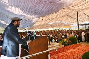 Chief Minister Gilgit-Baltistan, Advocate Amjad Hussain addressing during a ceremony.
