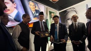 Federal Minister for Planning, Development and Special Initiatives Ahsan Iqbal, at the commemorative event held at the Jinnah Library in Houston to mark the 150th birth anniversary of Quaid-e-Azam Muhammad Ali Jinnah and Dr. Allama Muhammad Iqbal