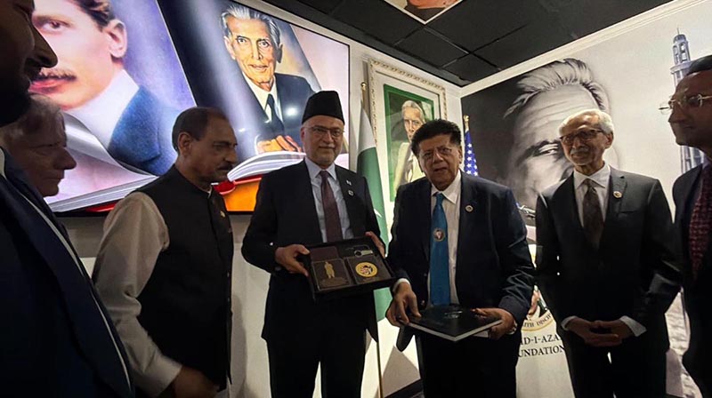 Federal Minister for Planning, Development and Special Initiatives Ahsan Iqbal, at the commemorative event held at the Jinnah Library in Houston to mark the 150th birth anniversary of Quaid-e-Azam Muhammad Ali Jinnah and Dr. Allama Muhammad Iqbal