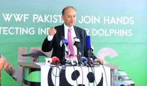 Federal Minister for Climate Change and Environment Coordination Dr. Musadik Malik addressing during the inauguration Ceremony of Indus Dolphin Ambulance organized by Zong Telecom and WWF at Pakistan Academy of Sciences.
