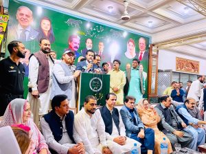 Parliamentary Secretary Information & Broadcasting Barrister Danyal Chaudhry addressing Workers Convention alongside Federal Minister for Railways Muhammad Hanif Abbasi and MNA Tahira Aurangzeb.