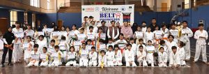 Players of The Karate Academy, University of Sargodha, demonstrate their martial arts skills during a belt promotion ceremony organized in collaboration with the District Sports Department