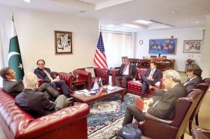 Federal Minister for Finance and Revenue, Senator Muhammad Aurangzeb, holding a meeting with a delegation of Honeywell Technologies led by Vice President and General Manager, Barry Glickman in Washington, D.C.