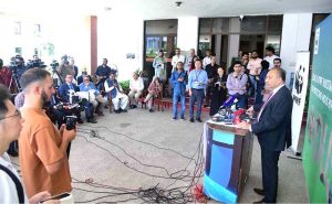 Federal Minister for Climate Change and Environment Coordination Dr. Musadik Malik addressing during the inauguration Ceremony of Indus Dolphin Ambulance organized by Zong Telecom and WWF at Pakistan Academy of Sciences.