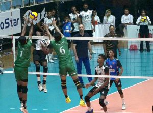 Players of Bangladesh and Sri Lanka volleyball teams in action during CAVA Men's Volleyball Championship 2026 match at the Liaquat Gymnasium, Pakistan Sports Complex.