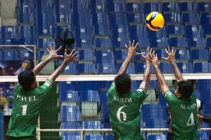 Players of Bangladesh and Sri Lanka volleyball teams in action during CAVA Men's Volleyball Championship 2026 match at the Liaquat Gymnasium, Pakistan Sports Complex.