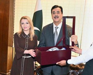 Chairman Senate, Syed Yousaf Raza Gilani in a meeting with Ambassador of Bulgaria to Pakistan Mrs. Irena Gancheva, at Parliament House.