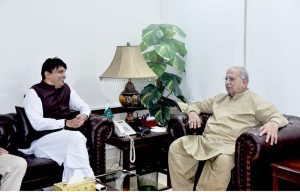 President Pakistan Football Federation, Syed Mohsen Gilani, calls on Federal Minister for Housing & Works, Mian Riaz Hussain Pirzada, to discuss ongoing initiatives for the promotion of football and grassroots sports development.