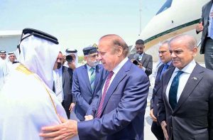 Prime Minister Muhammad Shehbaz Sharif along with Former Prime Minister Mian Muhammad Nawaz Sharif arrive in Doha for their one day official visit. Qatar's Deputy Prime Minister and Minister of State for Defence, Sheikh Saoud bin Abdulrahman bin Hassan bin Ali Al Thani received the Pakistani delegation at the airport.