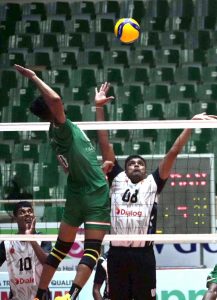 Players of Bangladesh and Sri Lanka volleyball teams in action during CAVA Men's Volleyball Championship 2026 match at the Liaquat Gymnasium, Pakistan Sports Complex.