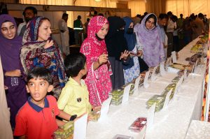 Visitors, including women and children, take interest in different varieties of mangoes displayed during the Mango and Dates Festival 2026 at Muhammad Nawaz Sharif University of Agriculture (MNSUA)