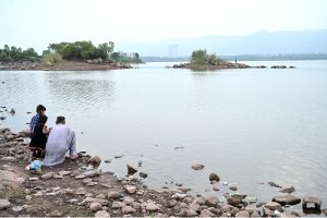 A view of people fishing at Rawal Lake as anglers spend their leisure time along the lakeside