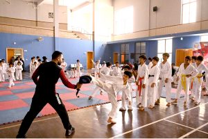Players of The Karate Academy, University of Sargodha, demonstrate their martial arts skills during a belt promotion ceremony organized in collaboration with the District Sports Department